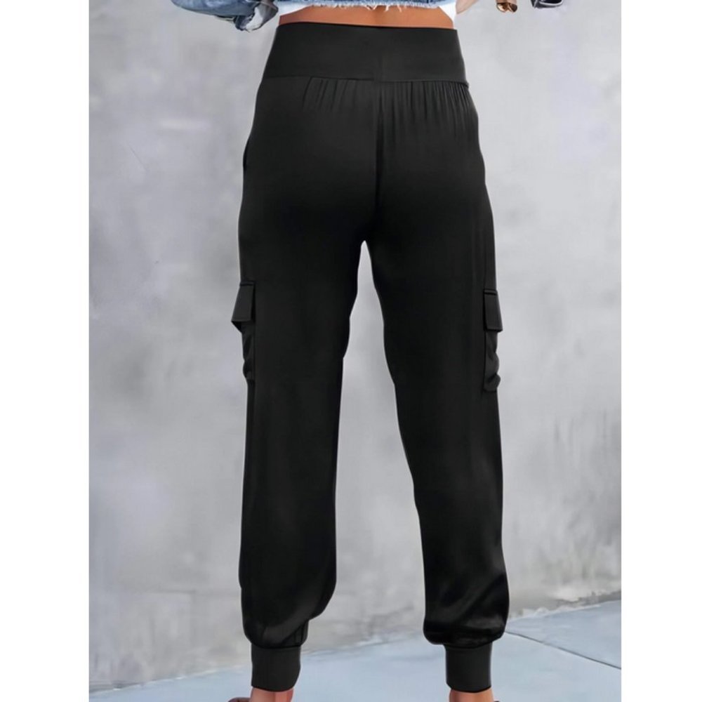 Luxe Look Satin Pocketed High Waist Joggers - Black - Picture 9 of 12